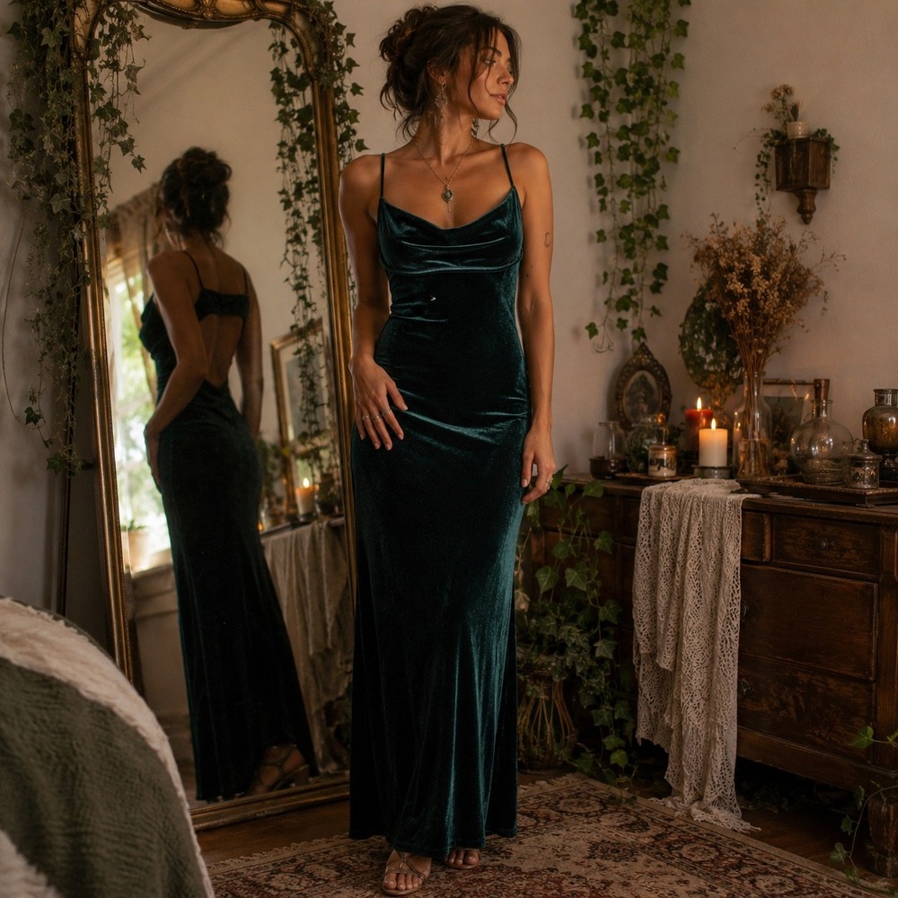 Thirty Thirty S Teal Velvet Maxi Dress Open Back Cowl Neck Y2K Party